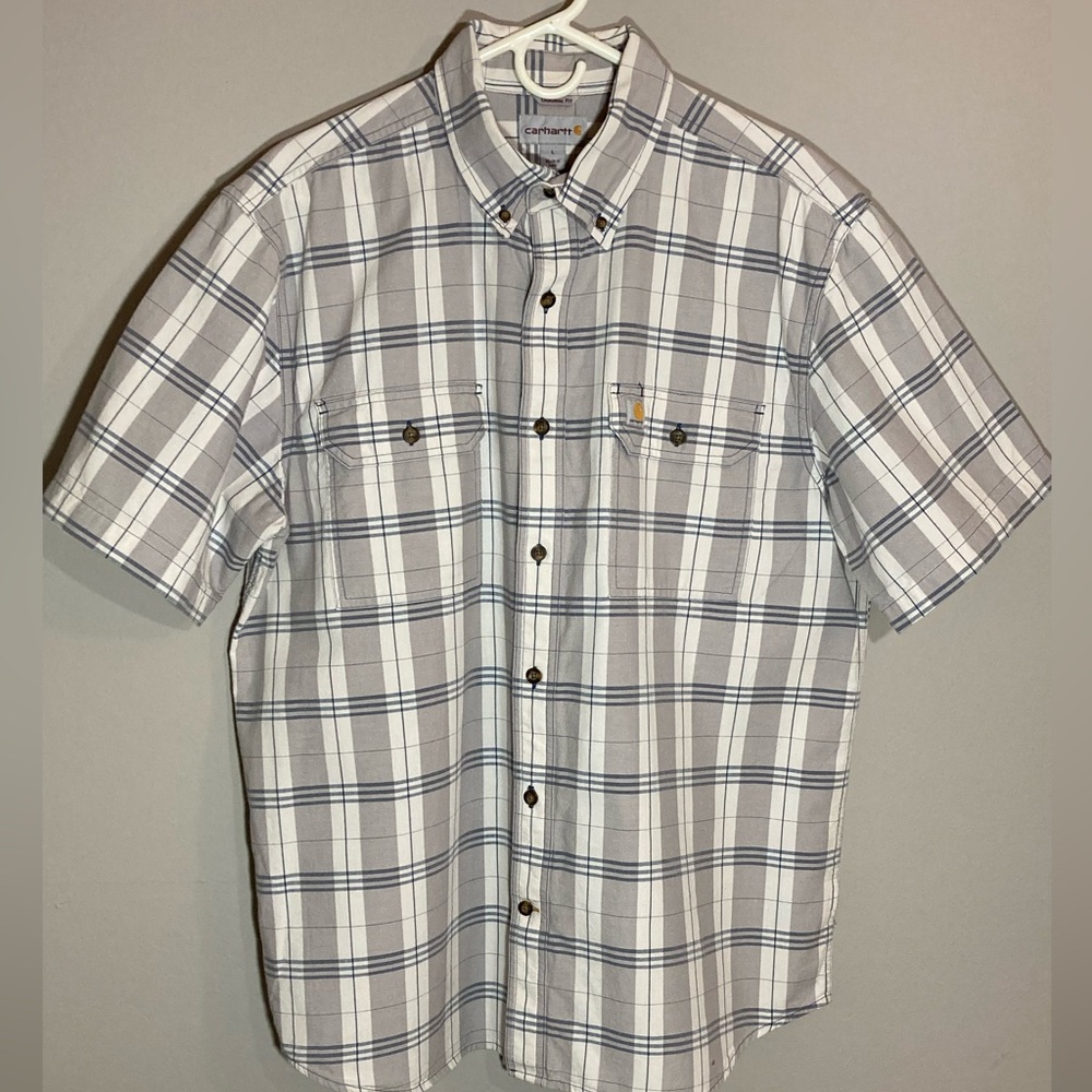 Carhartt Men's Gray Blue & White Plaid Button Down Short Sleeve Shirt Sz L